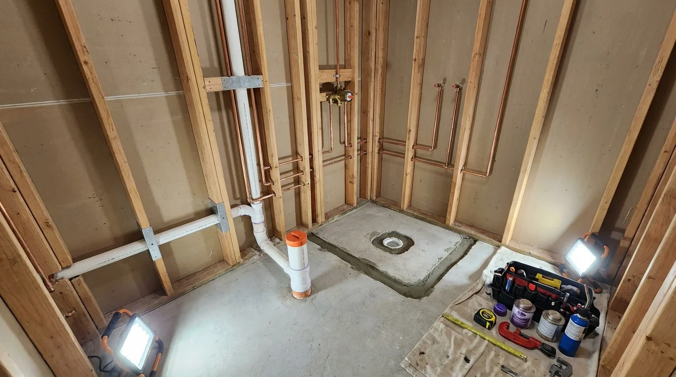 Bathroom rough-in plumbing during remodel by Johns Plumbing LLC in Lake Grove