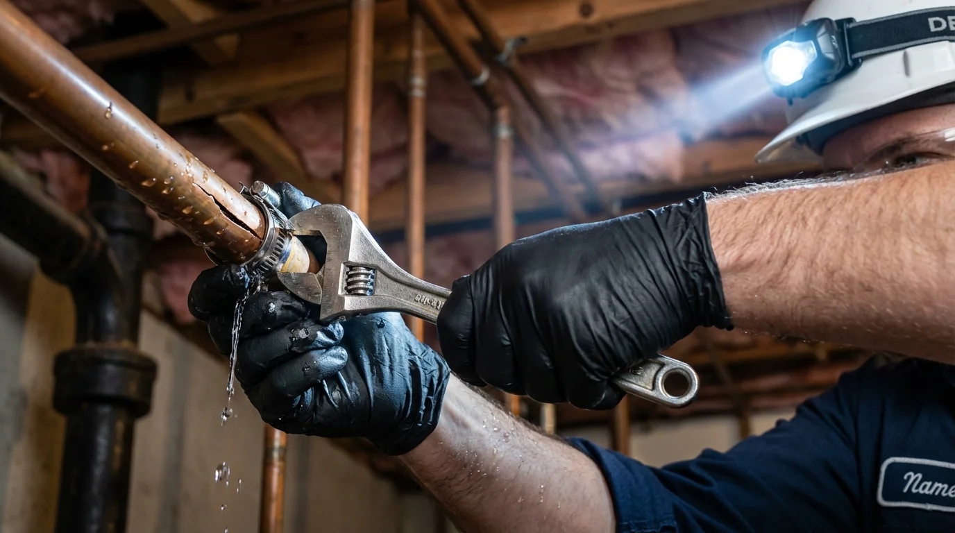 Emergency pipe clamp repair being performed by a Johns Plumbing LLC plumber in Lake Grove