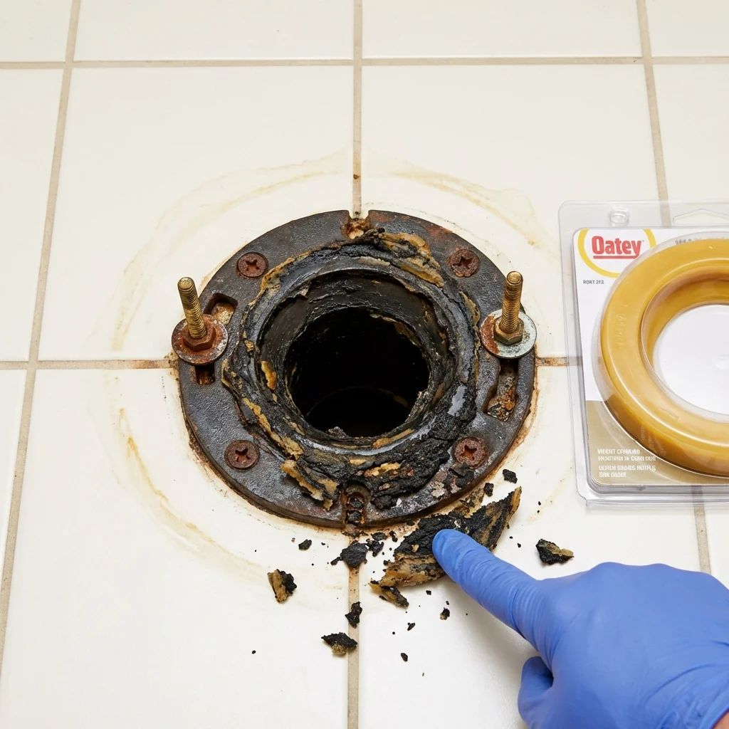 Failed wax ring showing water seepage at the base of a toilet in a Lake Grove, NY home