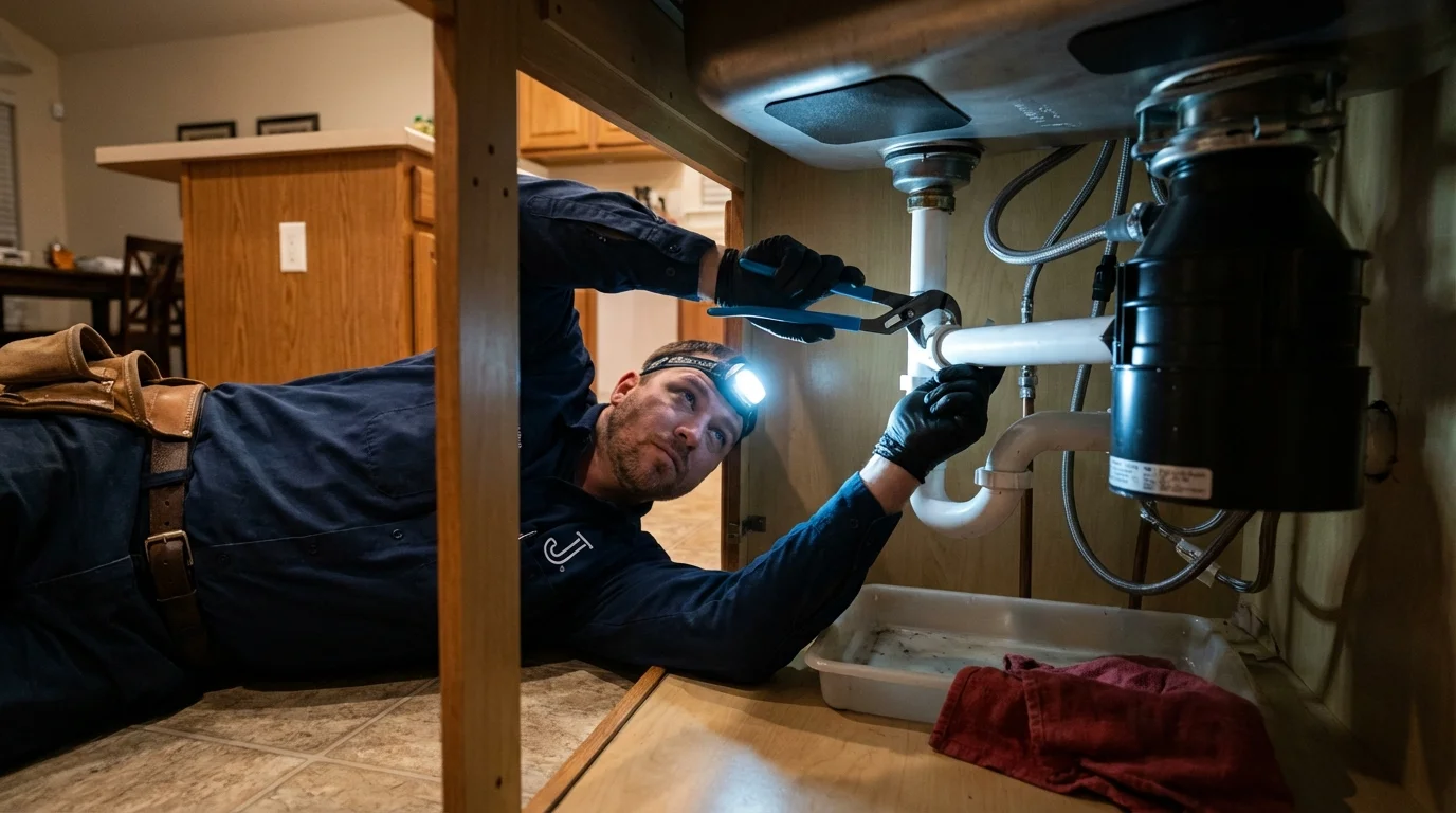 P-trap and supply line connections under a kitchen sink showing a common leak point in Lake Grove, NY